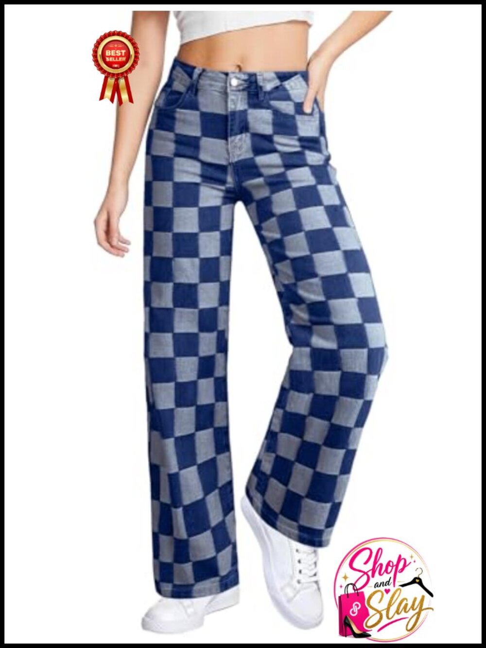 Wide Leg High Waisted Stretchy Straight Leg Checkered Loose Denim Pants
